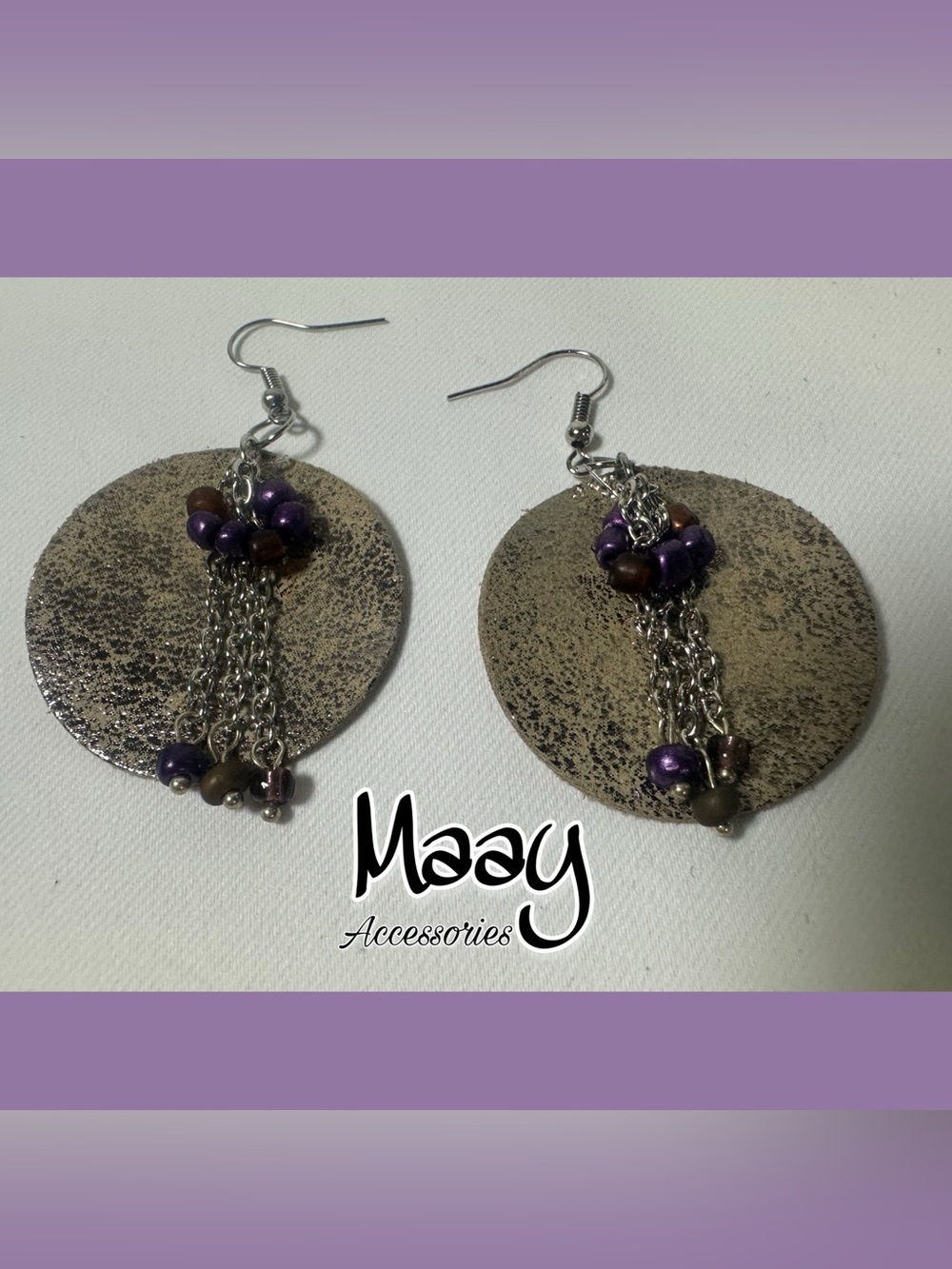 Maay Accessories Textured Disc Drop Earrings in Purple & Brown